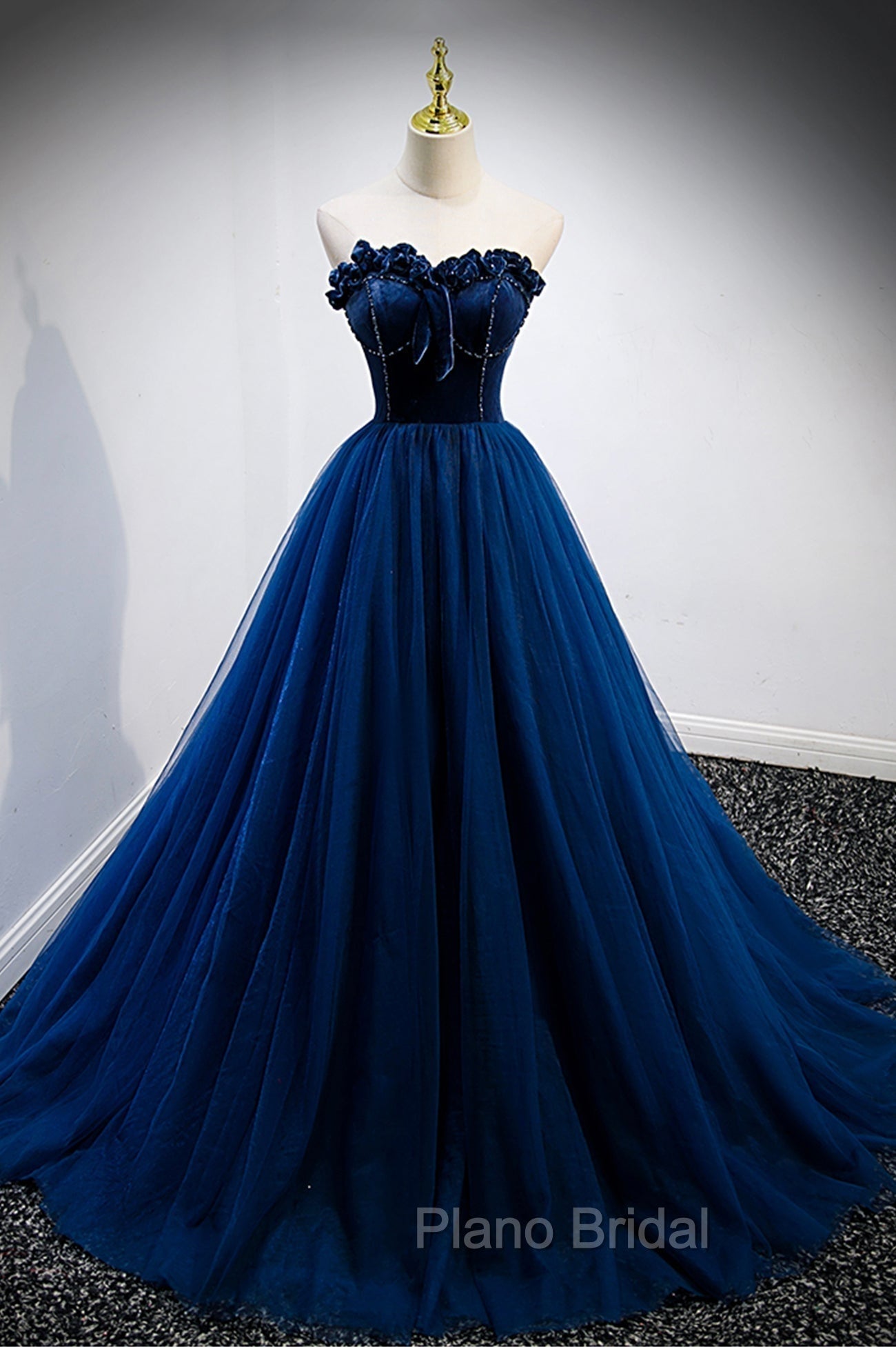 Blue Velvet Tulle Long A-Line Formal Prom Dresses, Blue Strapless Formal Evening Dresses