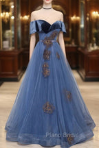 Blue Velvet Tulle Long A-Line Formal Prom Dresses, Off the Shoulder Evening Dresses