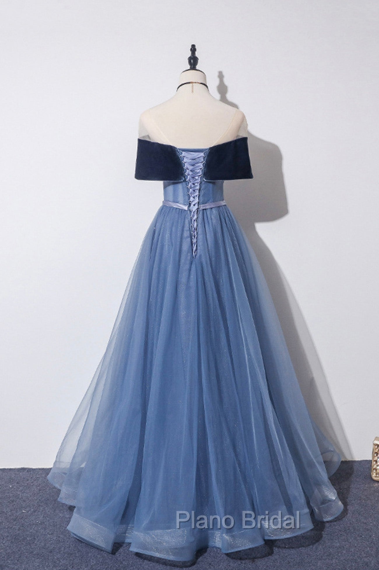 Blue Velvet Tulle Long A-Line Formal Prom Dresses, Off the Shoulder Evening Dresses