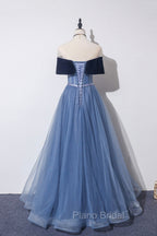 Blue Velvet Tulle Long A-Line Formal Prom Dresses, Off the Shoulder Evening Dresses