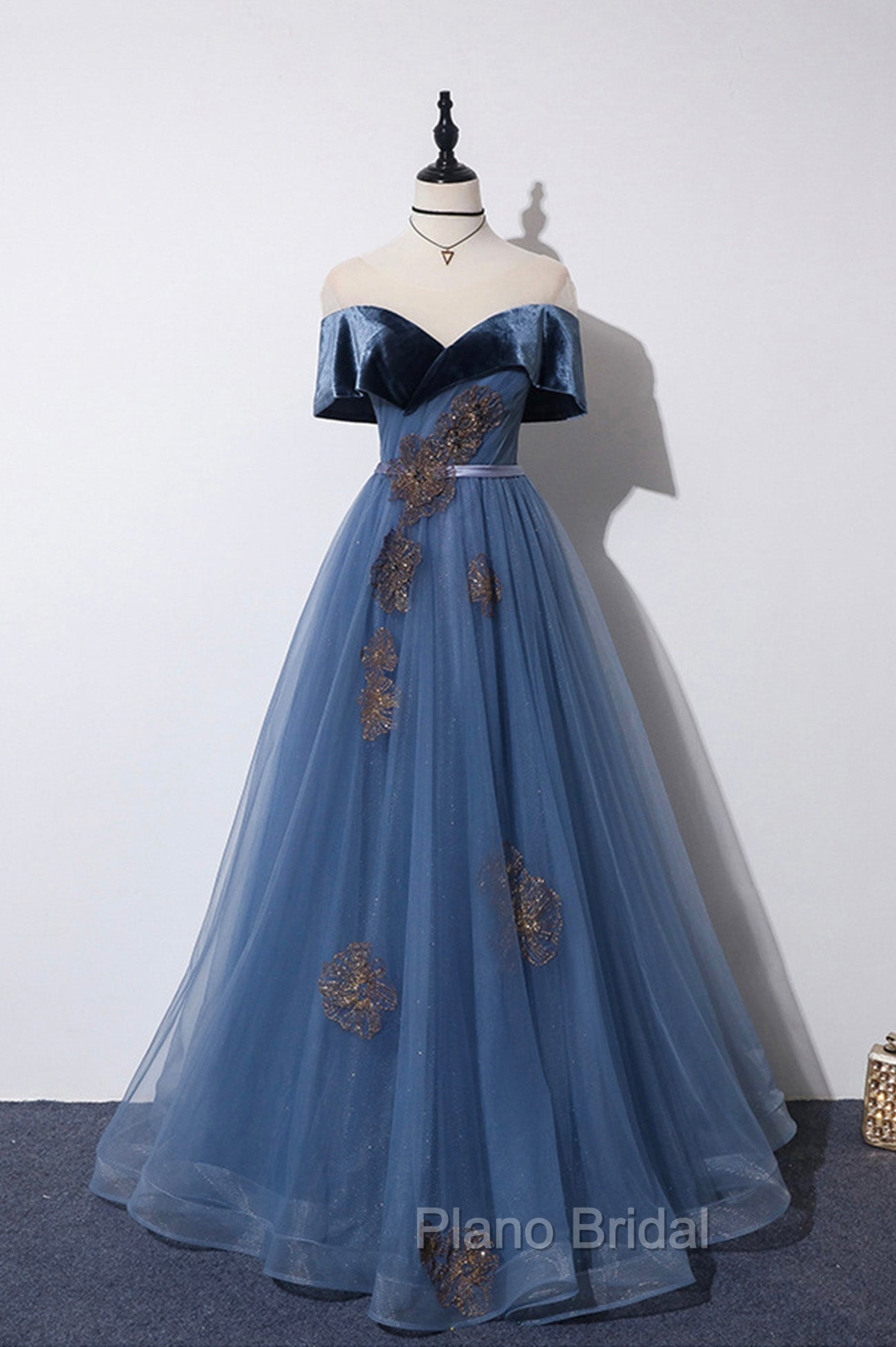 Blue Velvet Tulle Long A-Line Formal Prom Dresses, Off the Shoulder Evening Dresses Main image