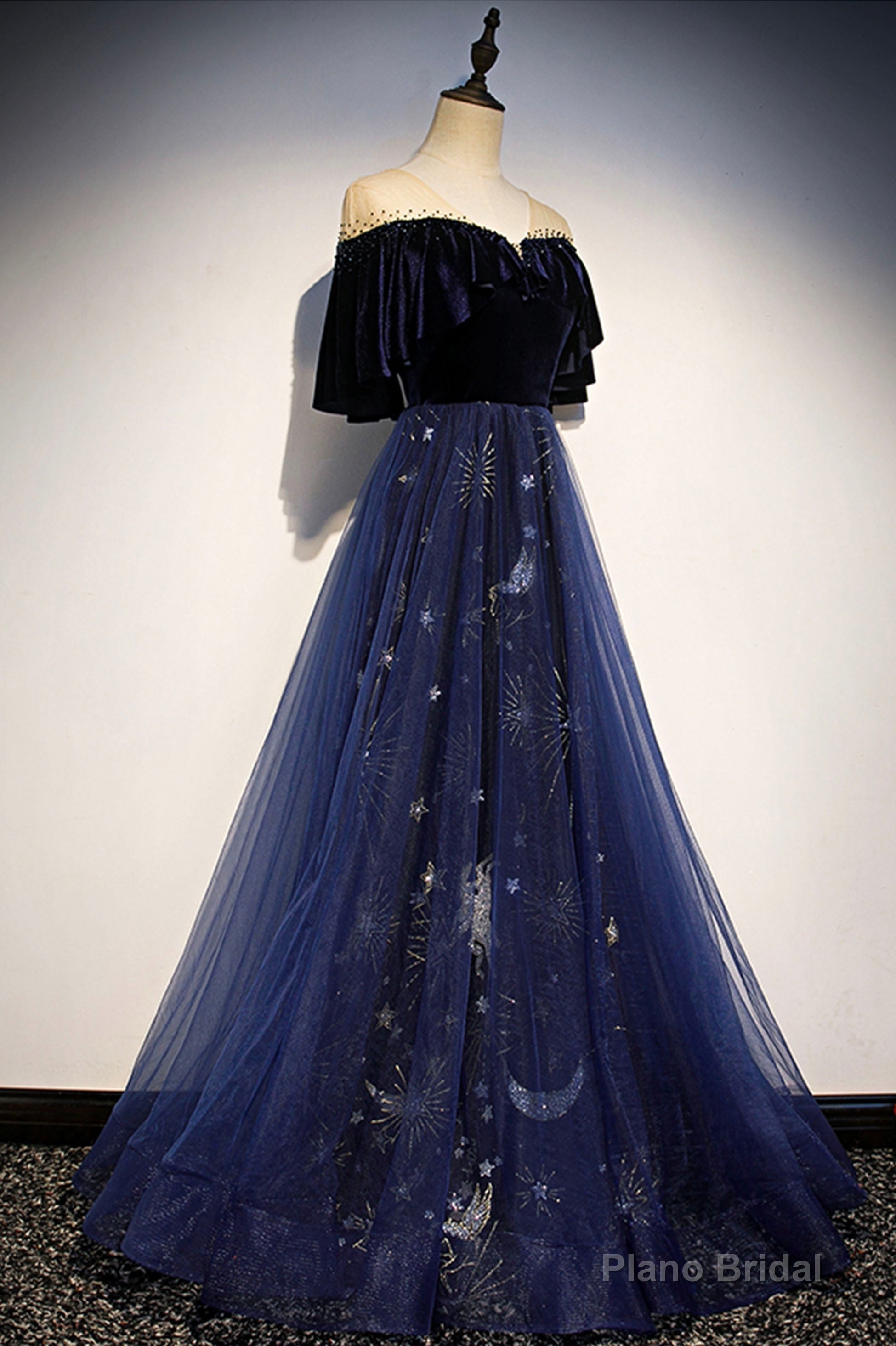 Blue Velvet Tulle Long Prom Dress, A-Line Blue Evening Party Dress Secondary image
