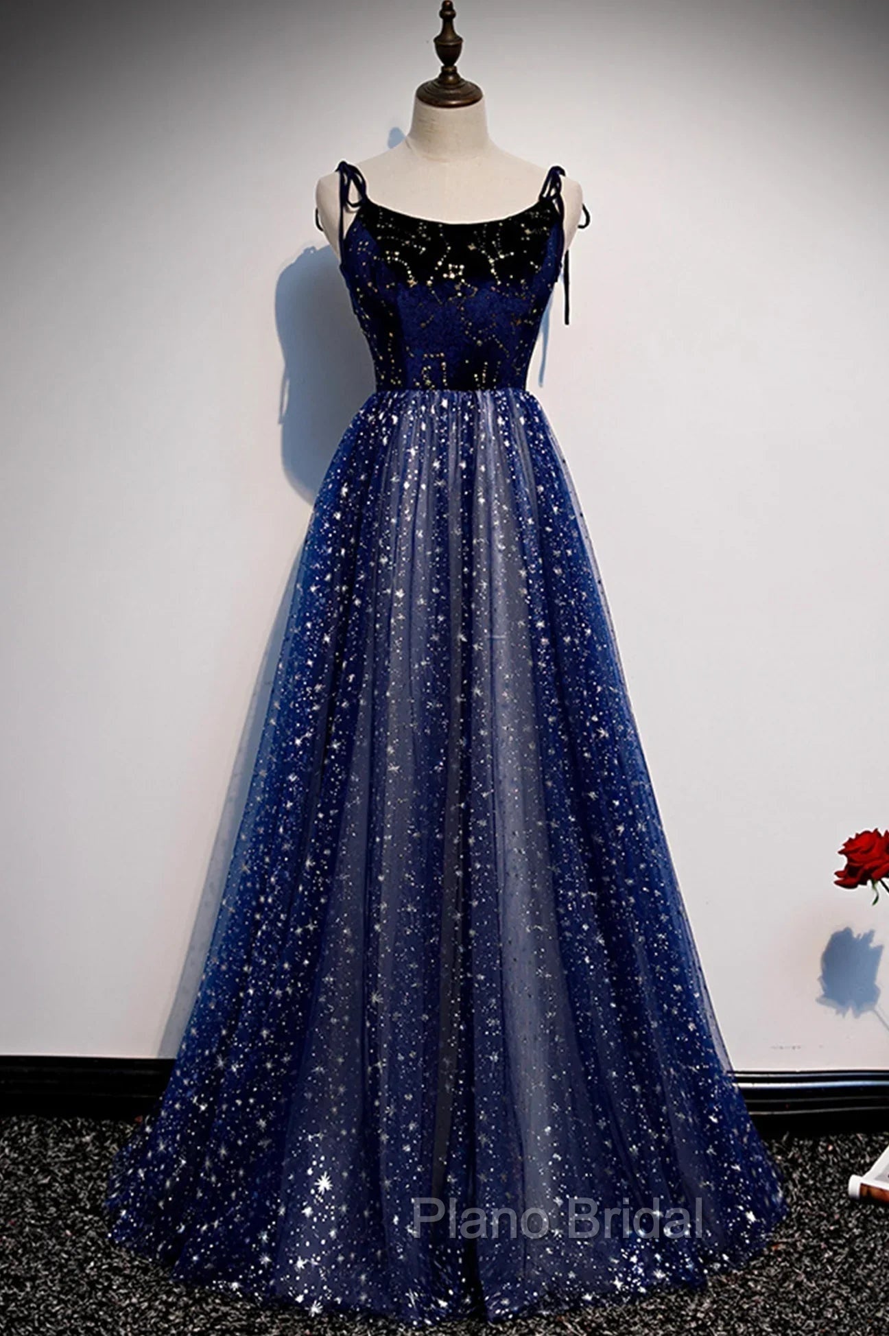 Blue Velvet Tulle Long Formal Prom Dresses, A-Line Evening Party Dresses Main image