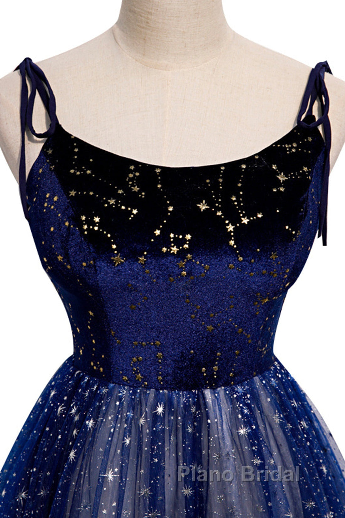 Blue Velvet Tulle Long Formal Prom Dresses, Beautiful A-Line Evening Party Dresses Secondary image
