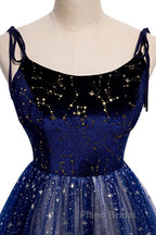 Blue Velvet Tulle Long Formal Prom Dresses, Beautiful A-Line Evening Party Dresses