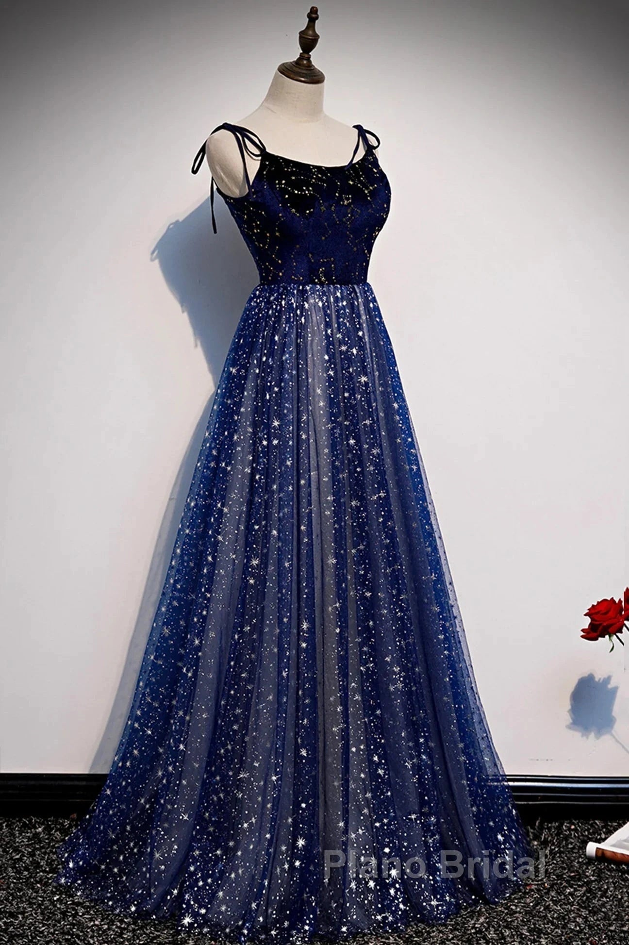 Blue Velvet Tulle Long Formal Prom Dresses, Beautiful A-Line Evening Party Dresses