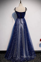 Blue Velvet Tulle Long Formal Prom Dresses, Beautiful A-Line Evening Party Dresses
