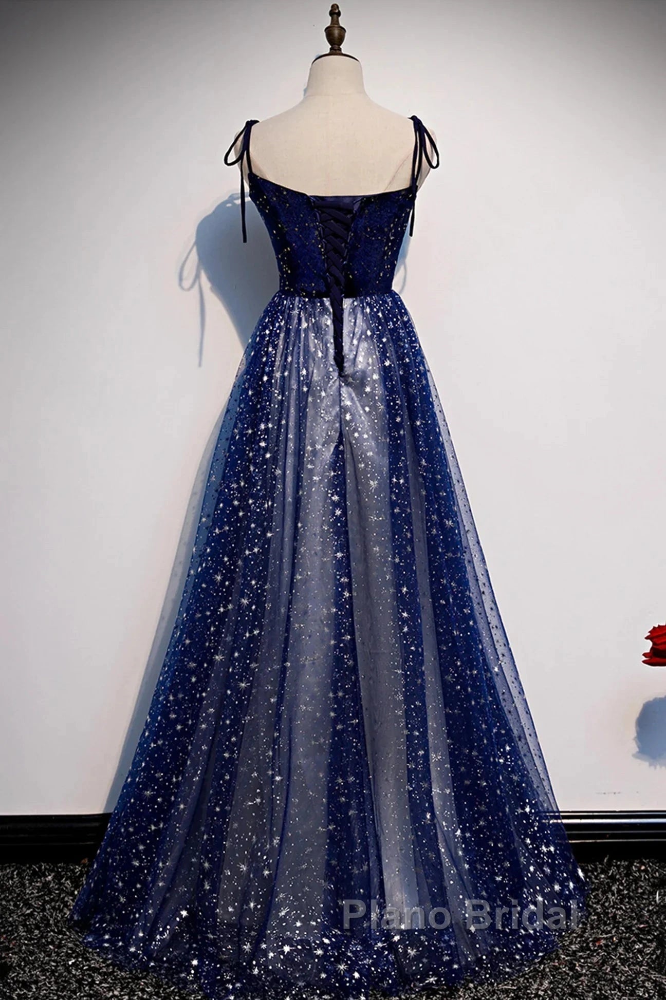 Blue Velvet Tulle Long Formal Prom Dresses, Beautiful A-Line Evening Party Dresses