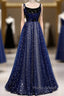 Blue Velvet Tulle Long Formal Prom Dresses, Beautiful A-Line Evening Party Dresses