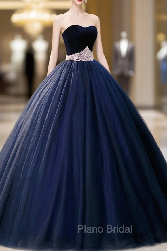 Blue Velvet Tulle Long Formal Prom Dresses, Blue Evening Party Dresses