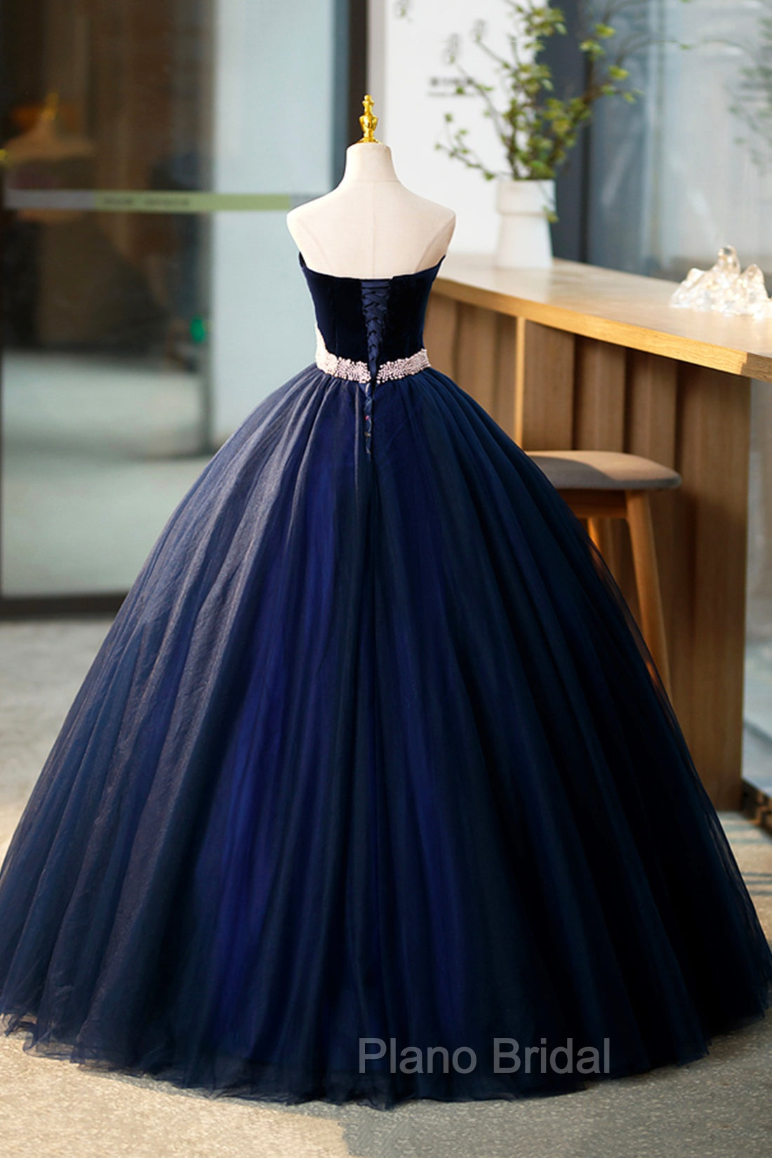 Blue Velvet Tulle Long Formal Prom Dresses, Blue Evening Party Dresses
