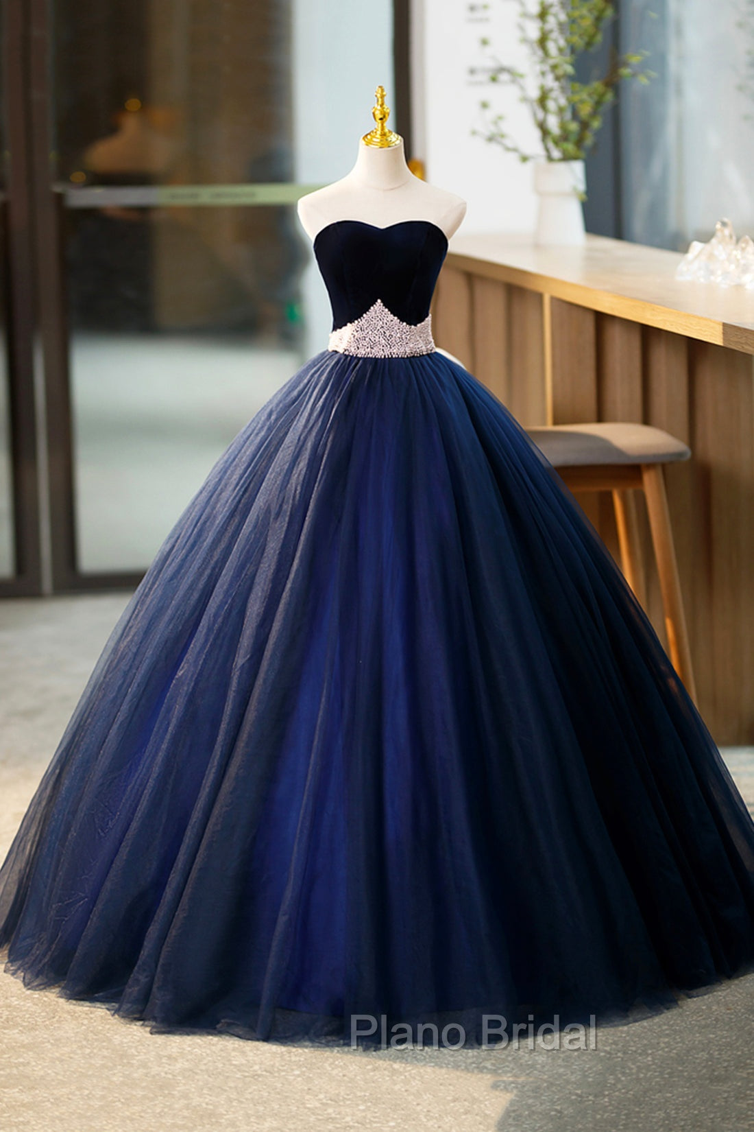 Blue Velvet Tulle Long Formal Prom Dresses, Blue Evening Party Dresses Main image