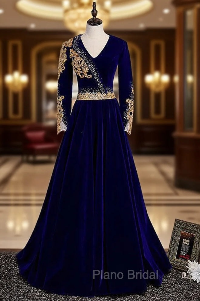 Blue Velvet V-neck Long Sleeve Gold Beading Formal Prom Dresses Main image