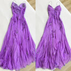 Blue Vintage Elegant V Neck Exquisite Embroidery Applique Beading Long Chiffon Formal Prom Dresses Formal Evening Gown Party Dresses