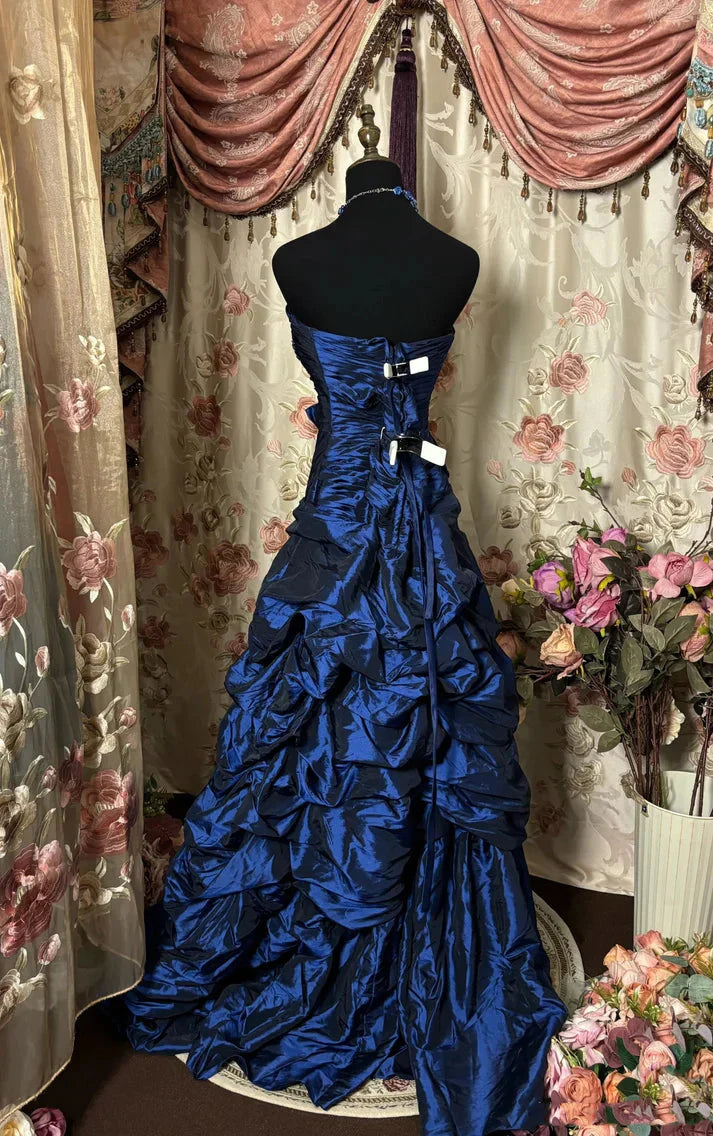Blue Vintage Rhinestone Embellished Elegant Long Pleated Ball Gown Formal Evening Dresses