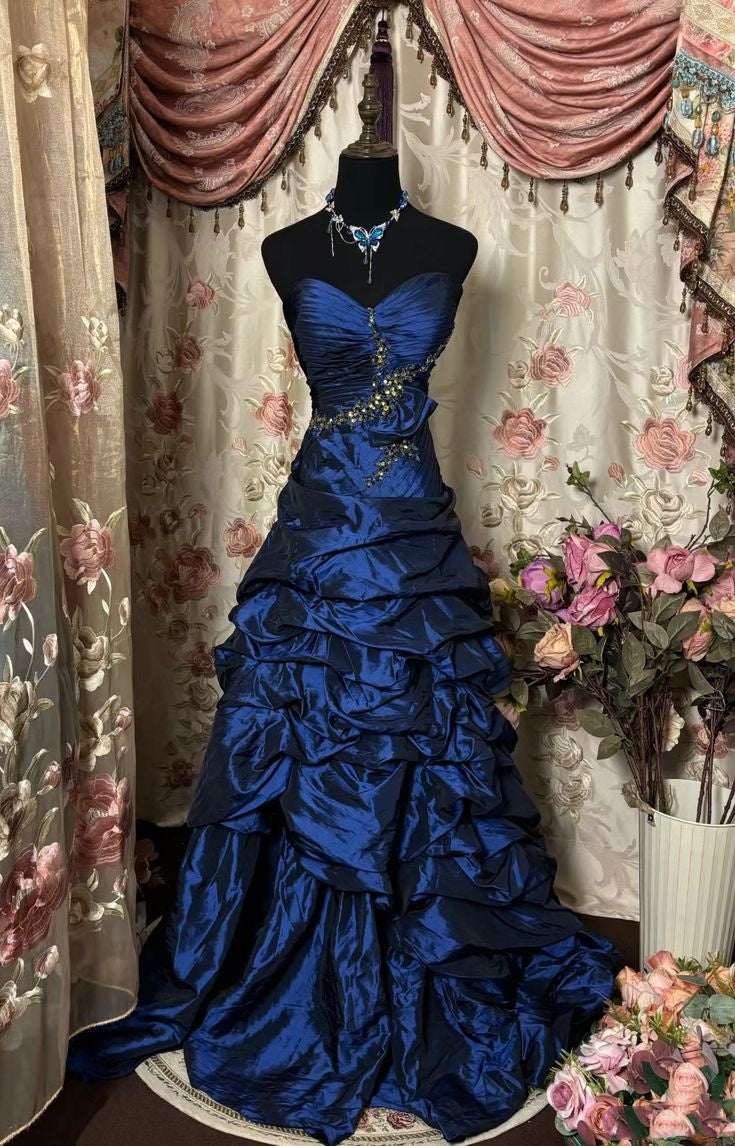 Blue Vintage Rhinestone Embellished Elegant Long Pleated Ball Gown Formal Evening Dresses