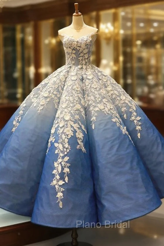Blue White Ball Gown 3D Flower Cap Sleeve Haute Couture Formal Prom Dresses Main image