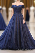 Dark Blue Shining Tulle Long Formal Prom Dresses, Evening Dresses