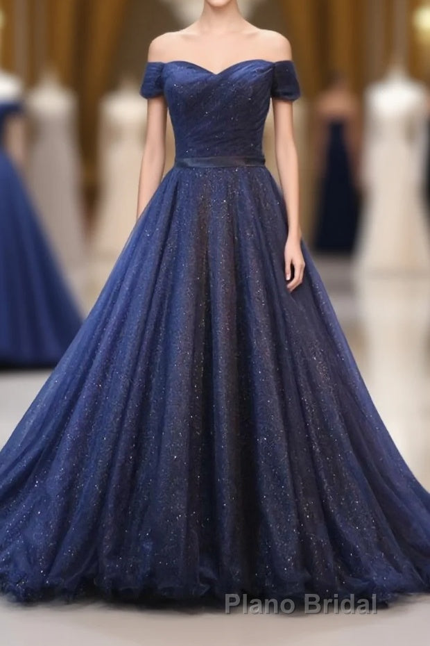 Dark Blue Shining Tulle Long Formal Prom Dresses, Evening Dresses