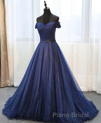Dark Blue Shining Tulle Long Formal Prom Dresses, Evening Dresses