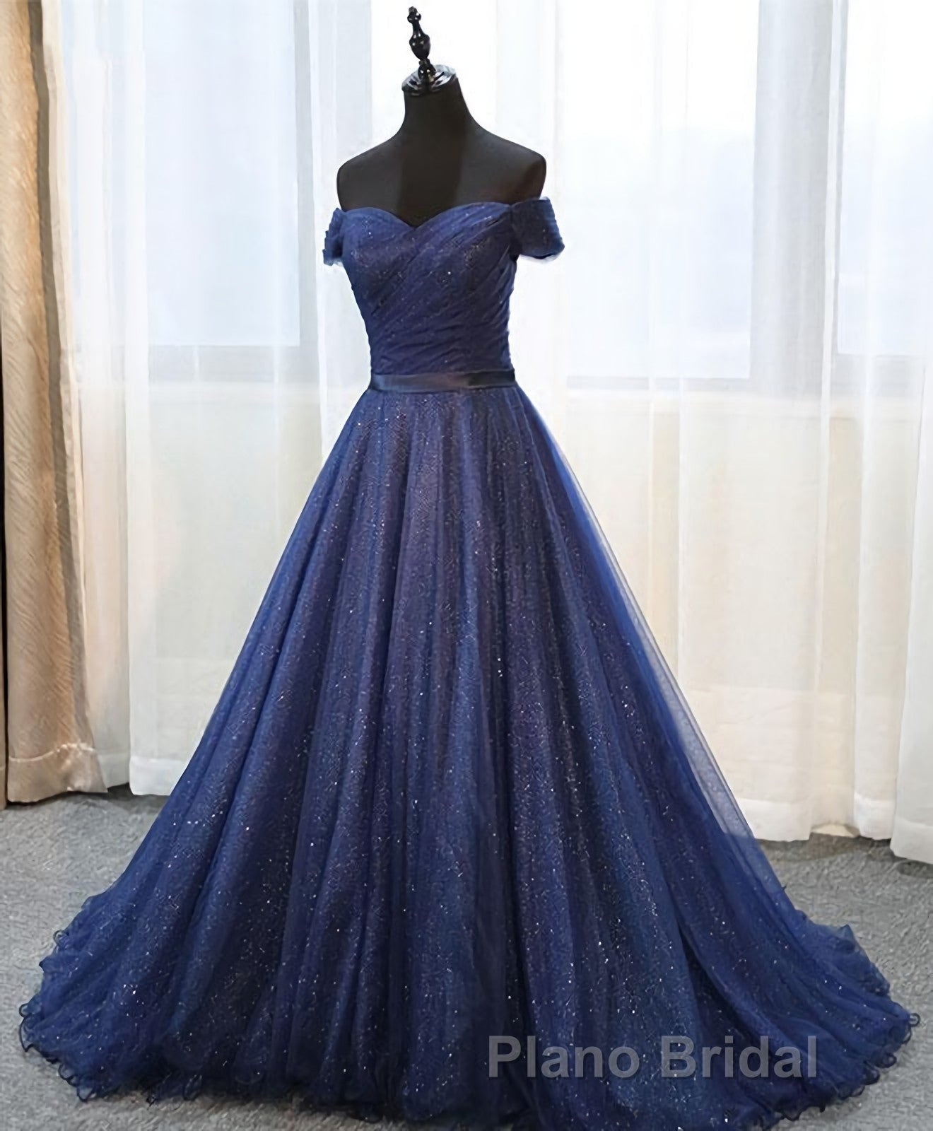 Dark Blue Shining Tulle Long Formal Prom Dresses, Evening Dresses