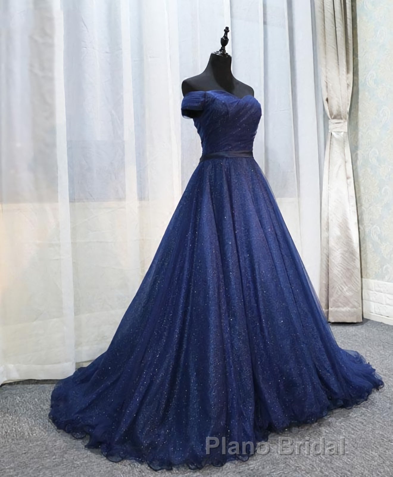 Dark Blue Shining Tulle Long Formal Prom Dresses, Evening Dresses