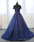 Dark Blue Shining Tulle Long Formal Prom Dresses, Evening Dresses