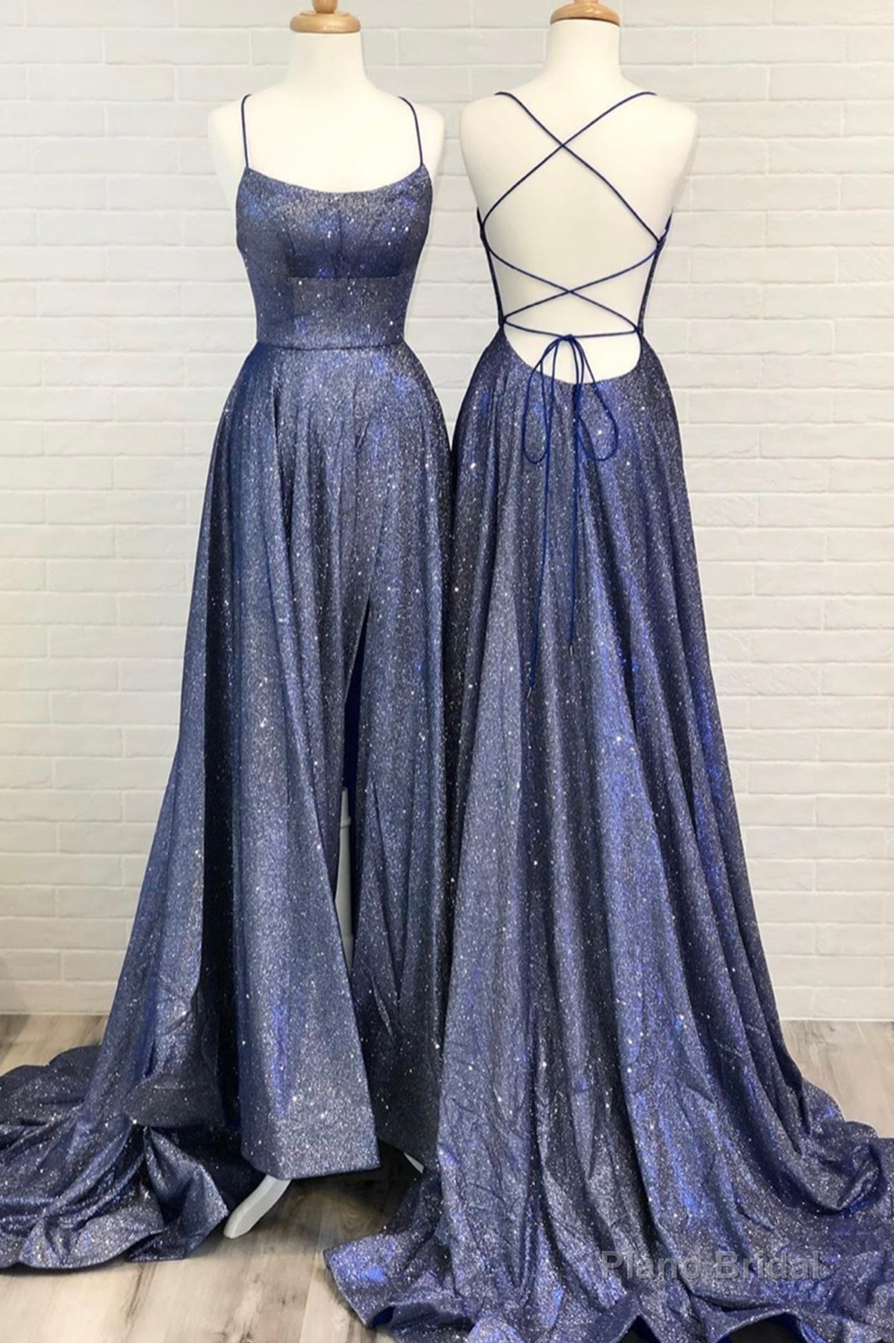 Blue A-Line Backless Long Prom Dresses, Blue Evening Dresses Main image