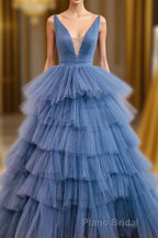 Blue V Neck Tiered Sleeveless Tulle Formal Prom Dresses, Gorgeous Long Party Dresses