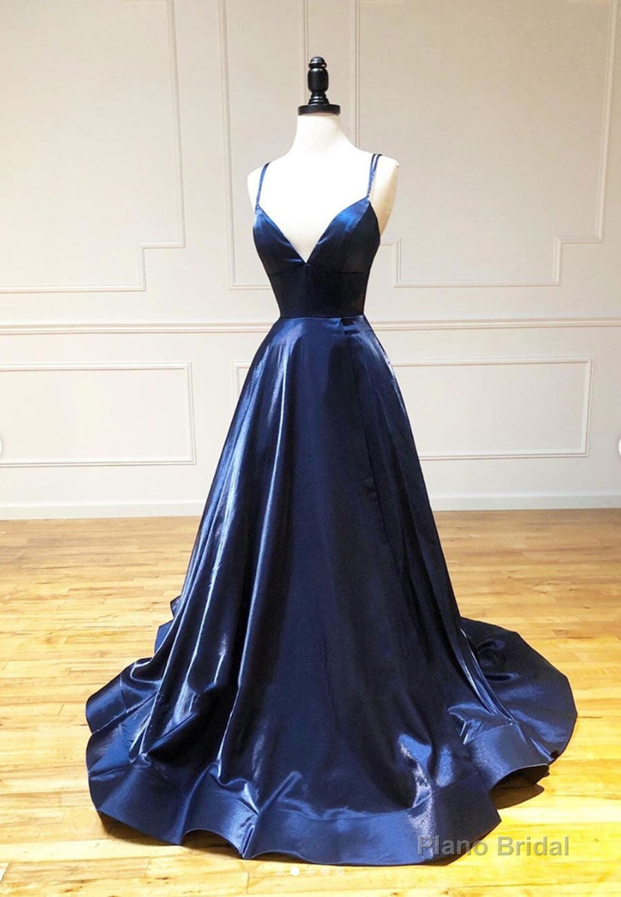 Simple Satin Long Prom Dresses, A Line Blue Evening Dresses Main image
