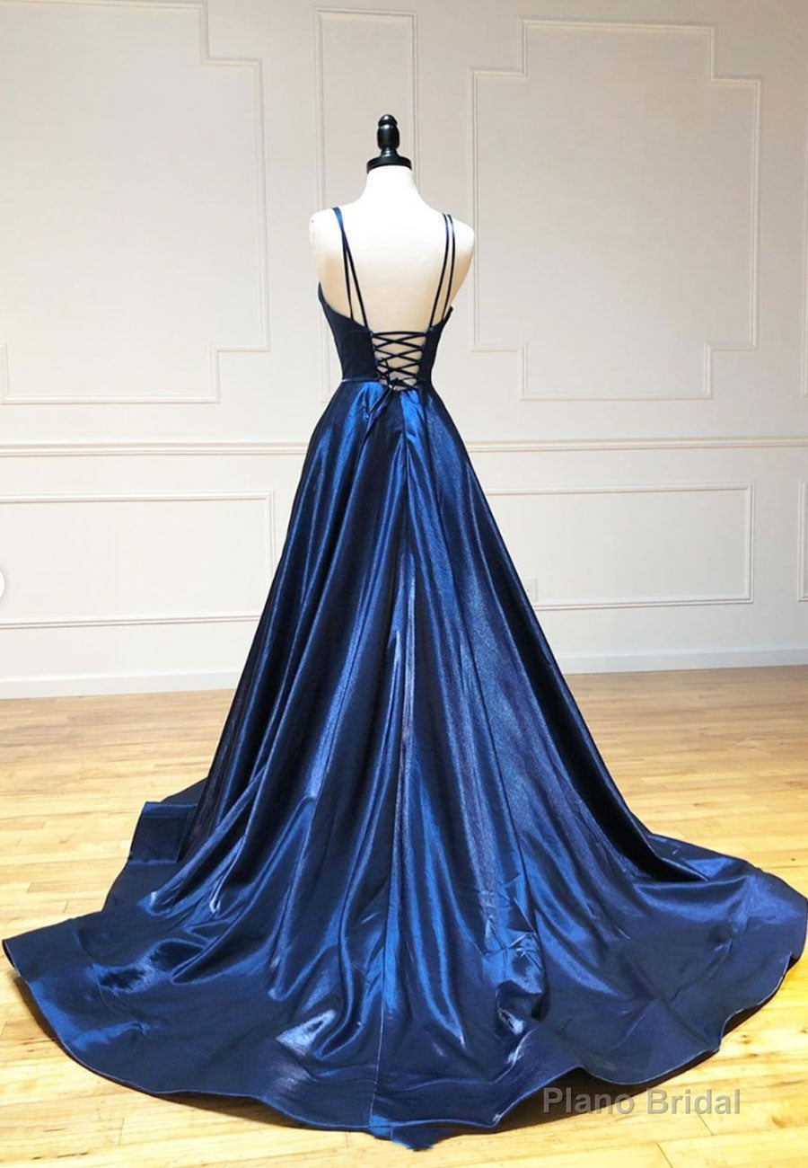 Simple Satin Long Prom Dresses, A Line Blue Evening Dresses Secondary image