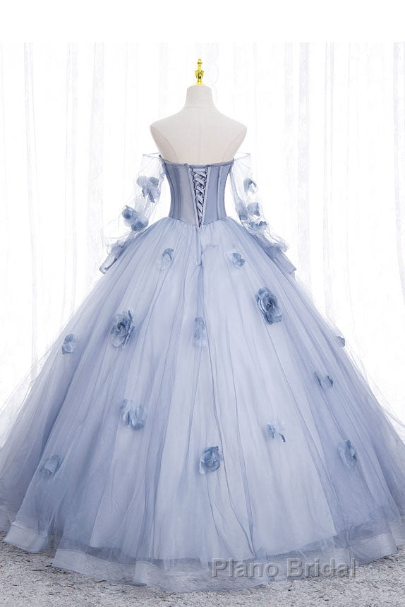 Blue Long Sleeves Tulle Formal Prom Dresses with Flowers, Puffy Off the Shoulder Quinceanera Dresses