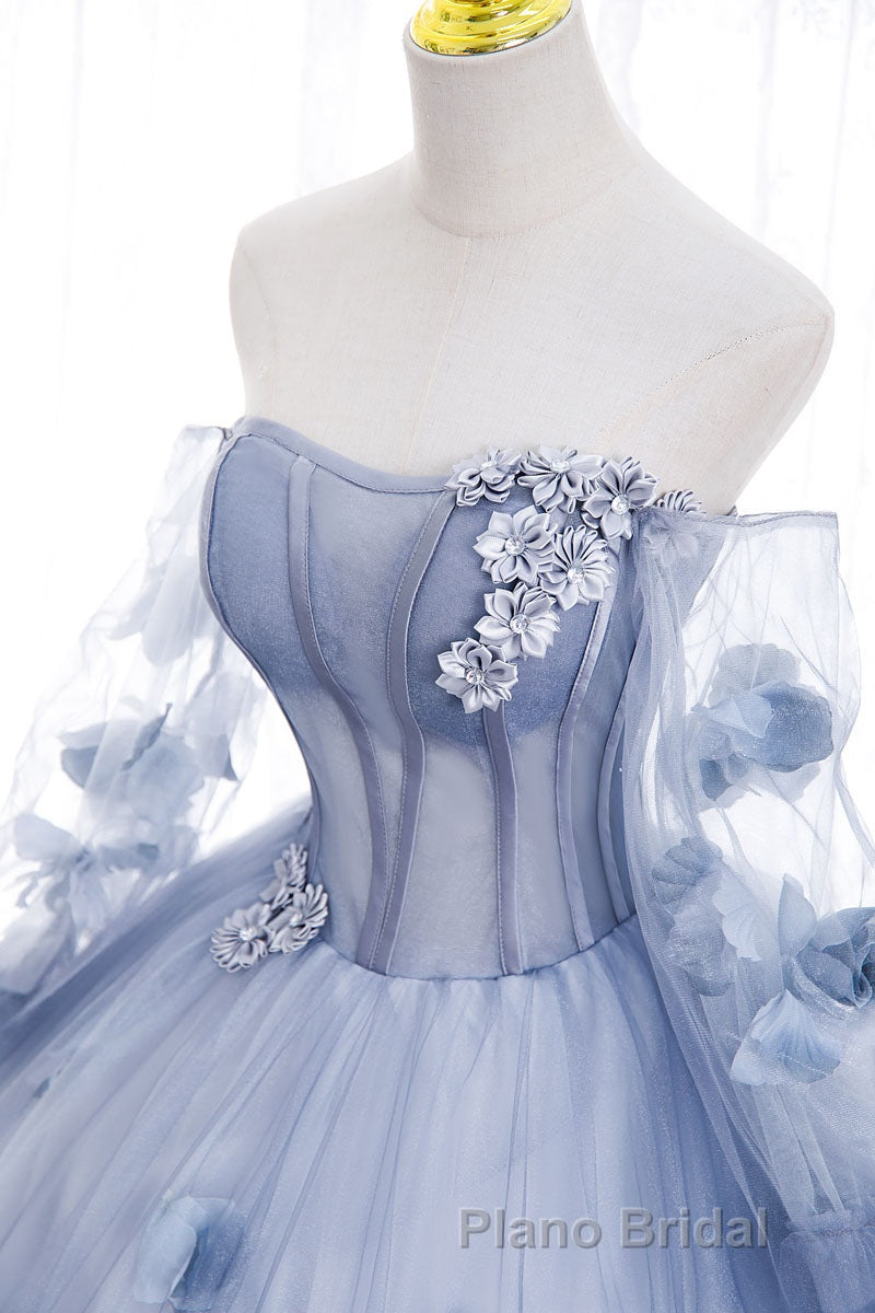Blue Long Sleeves Tulle Formal Prom Dresses with Flowers, Puffy Off the Shoulder Quinceanera Dresses