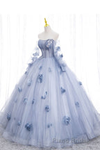Blue Long Sleeves Tulle Formal Prom Dresses with Flowers, Puffy Off the Shoulder Quinceanera Dresses