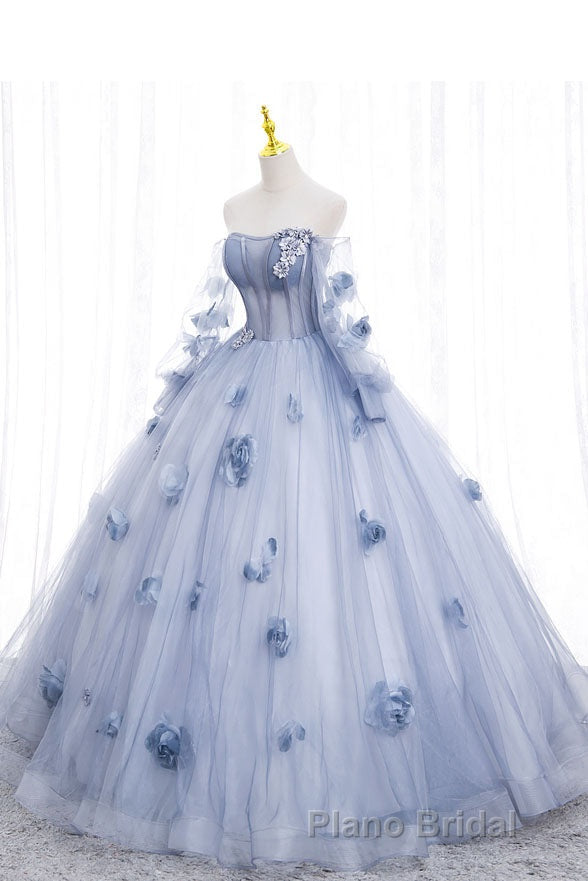 Blue Long Sleeves Tulle Formal Prom Dresses with Flowers, Puffy Off the Shoulder Quinceanera Dresses