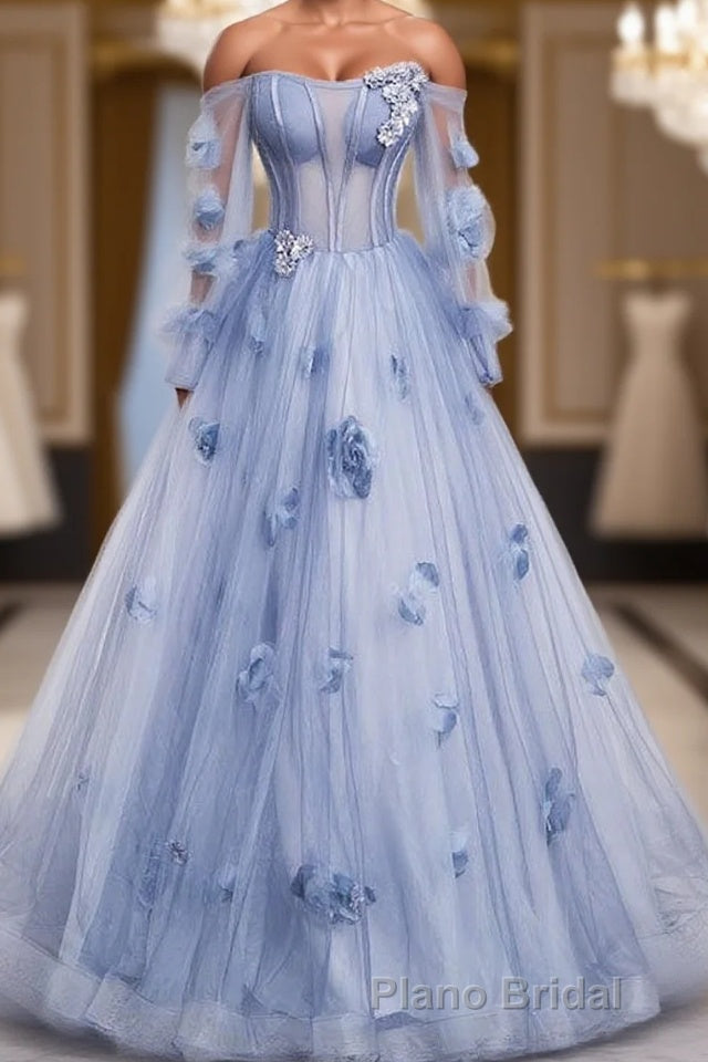 Blue Long Sleeves Tulle Formal Prom Dresses with Flowers, Puffy Off the Shoulder Quinceanera Dresses Main image