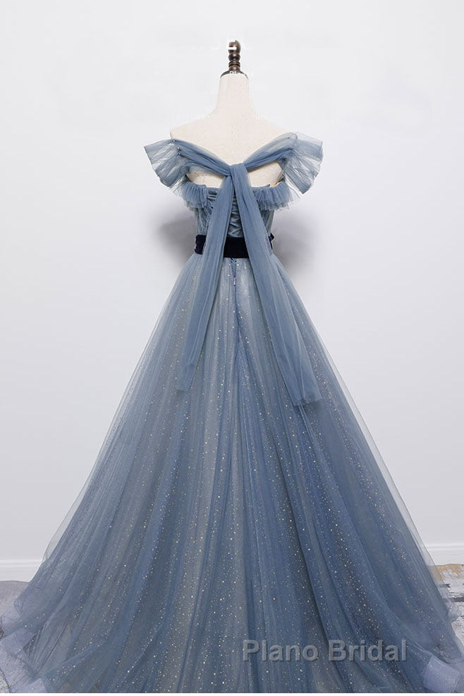 Blue Off the Shoulder Tulle Long Formal Prom Dresses with Sash, Sparkly Formal Gown