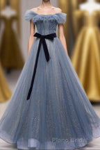 Blue Off the Shoulder Tulle Long Formal Prom Dresses with Sash, Sparkly Formal Gown