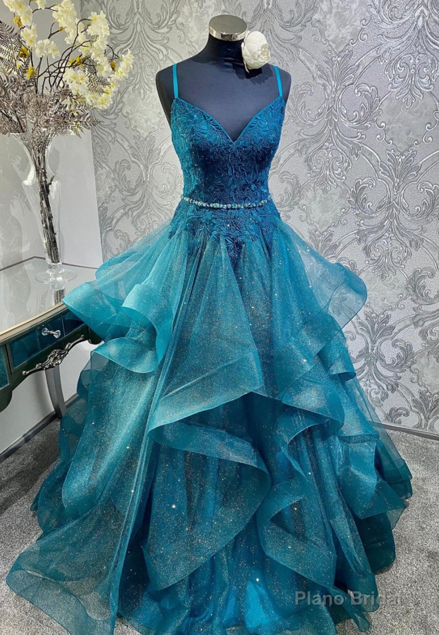 Blue Tulle Lace Long Prom Dresses, A-Line Spaghetti Straps Evening Dresses Main image