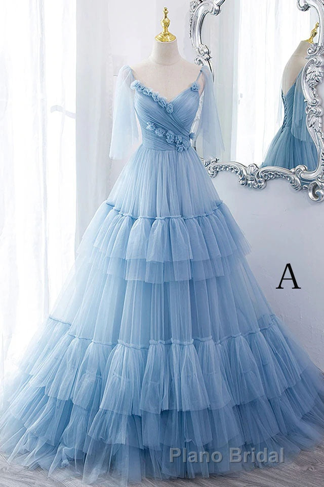 A Line V Neck New Style Tiered Long Tulle Formal Prom Dresses, Evening Gown with Flower