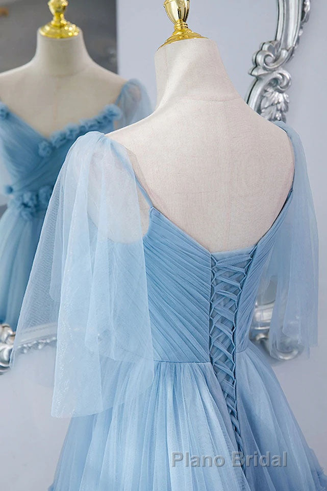 A Line V Neck New Style Tiered Long Tulle Formal Prom Dresses, Evening Gown with Flower