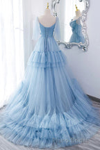 A Line V Neck New Style Tiered Long Tulle Formal Prom Dresses, Evening Gown with Flower