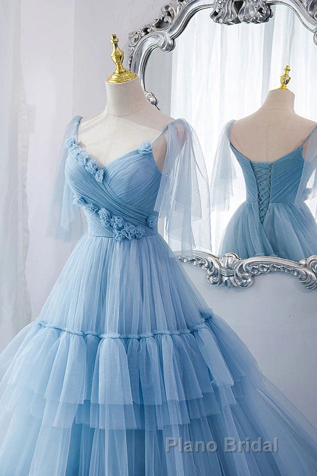 A Line V Neck New Style Tiered Long Tulle Formal Prom Dresses, Evening Gown with Flower
