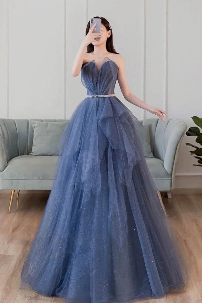 Blue Sweetheart Sleeveless Floor Length Sparkly Evening Prom Dress with Belt Main image
