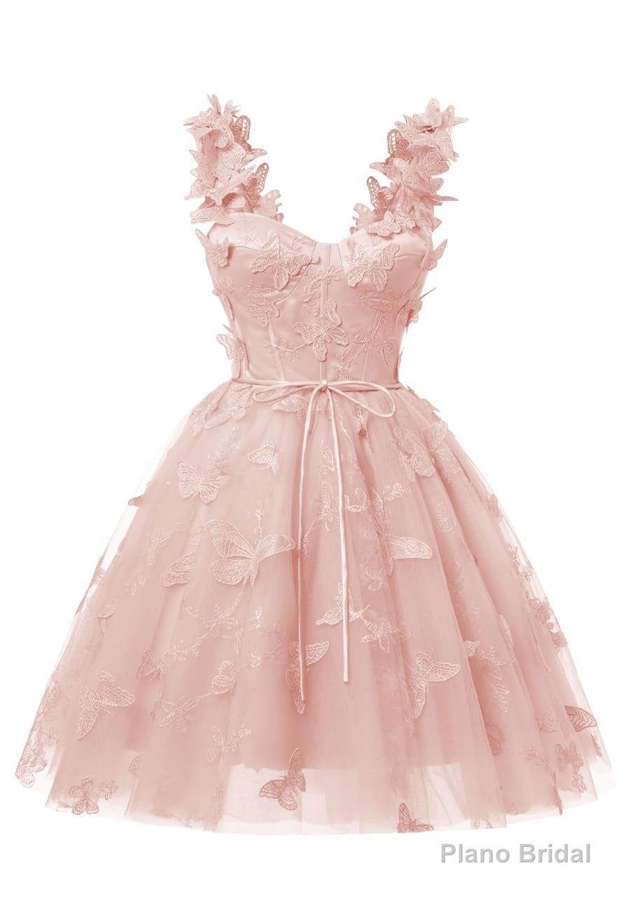 Blush Pink 3D Butterfly Lace Applique Tulle Homecoming Dress for Teens Sweetheart Mini Short Prom Dresses Secondary image