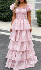 Blush Pink A Line Square Neck Tiered Prom Dress with Ruffles