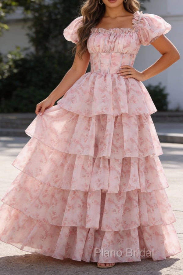 Blush Pink A Line Square Neck Tiered Prom Dress with Ruffles Main image