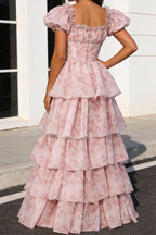 Blush Pink A Line Square Neck Tiered Prom Dress With Slit
