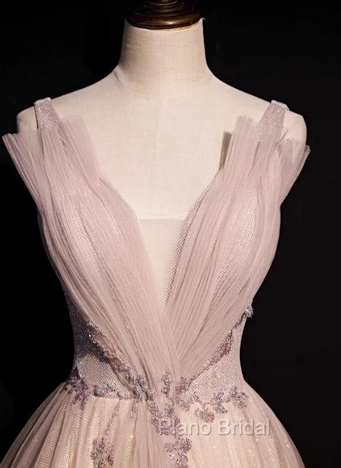Blush Pink A-Line V-Neck Glitter Tulle With Beaded Long Formal Prom Dresses Adult Ceremony Evening Dresses