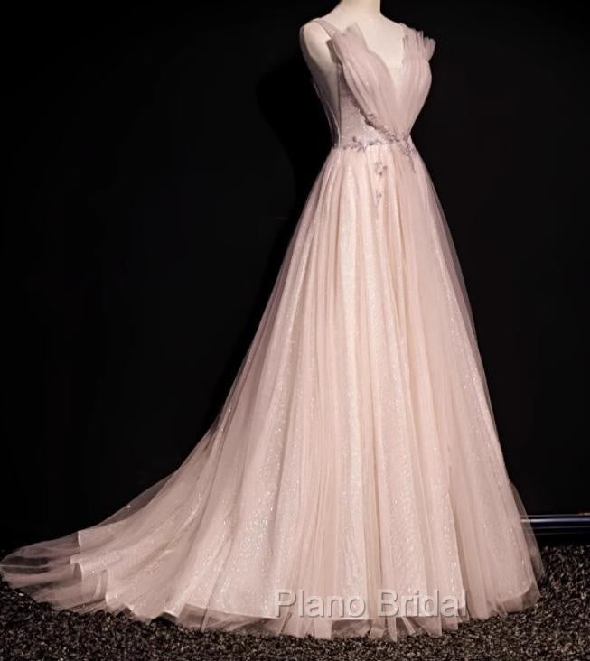 Blush Pink A-Line V-Neck Glitter Tulle With Beaded Long Formal Prom Dresses Adult Ceremony Evening Dresses